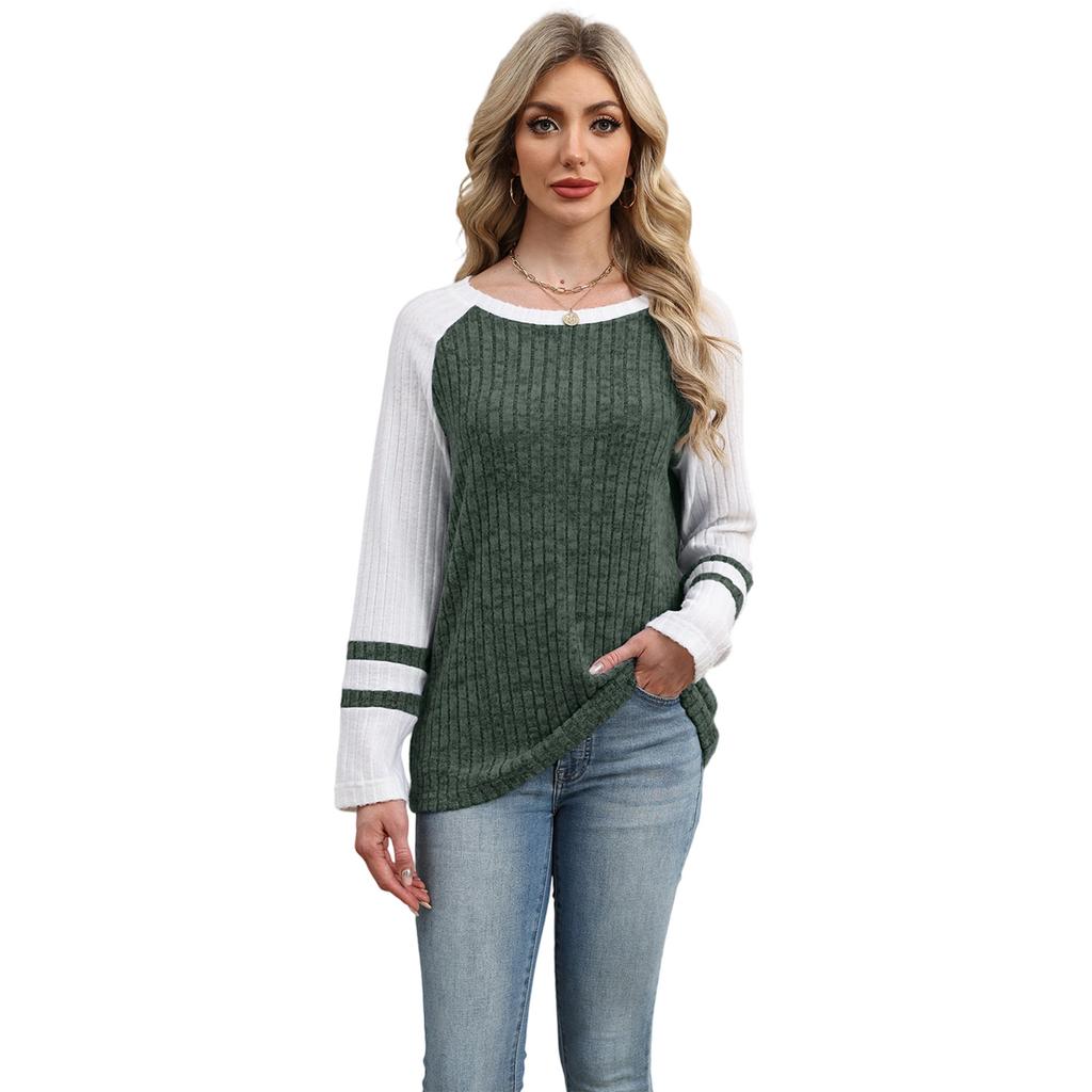New Autumn and Winter Round-neck Off-the-shoulder Sleeve Knitted Top with Color-blocking and Patchwork Sweater