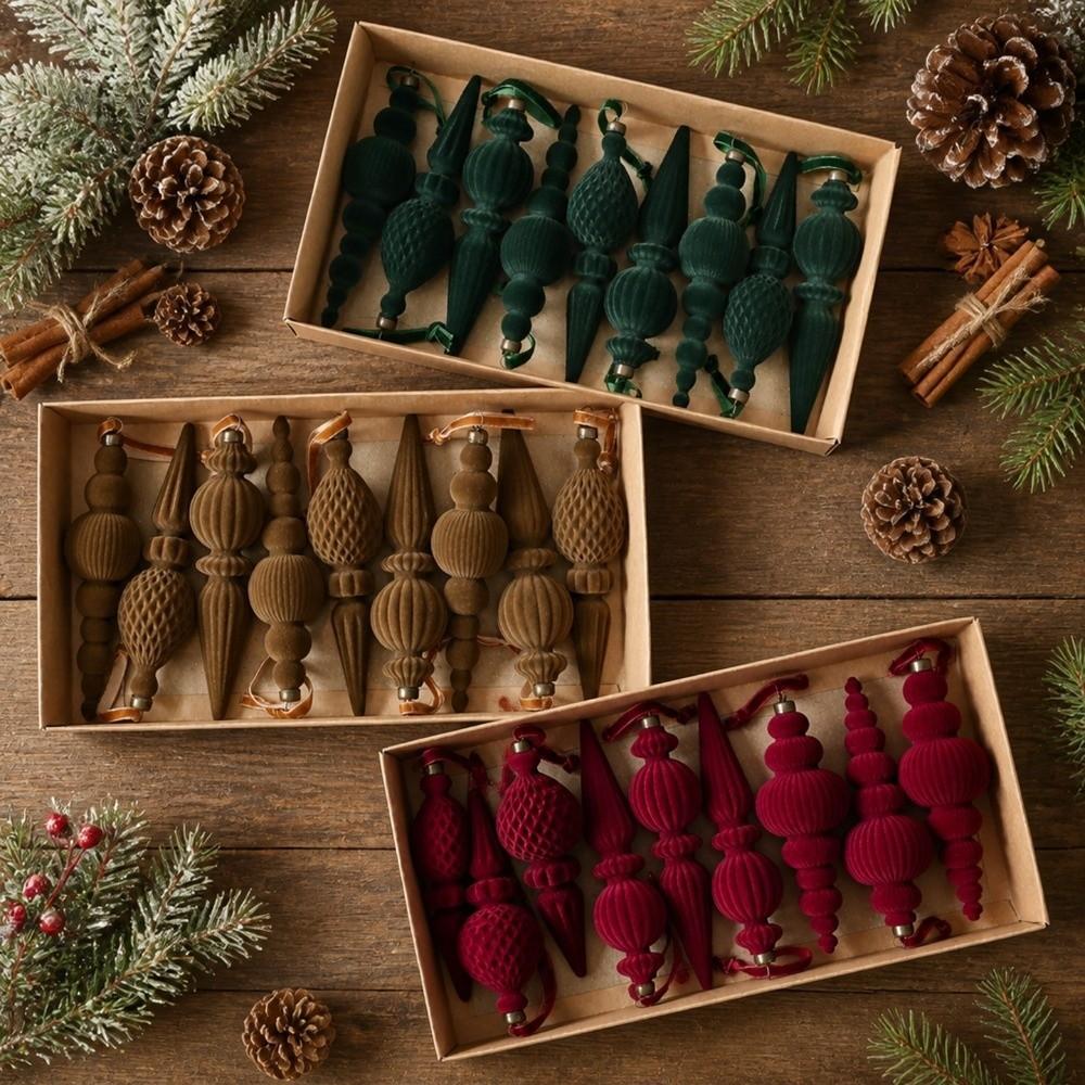 9Pcs Solid Color Flocked Finial Christmas Ball Vintage Shatterproof Velvet Christmas Ball Set Classic DIY Conical Shape