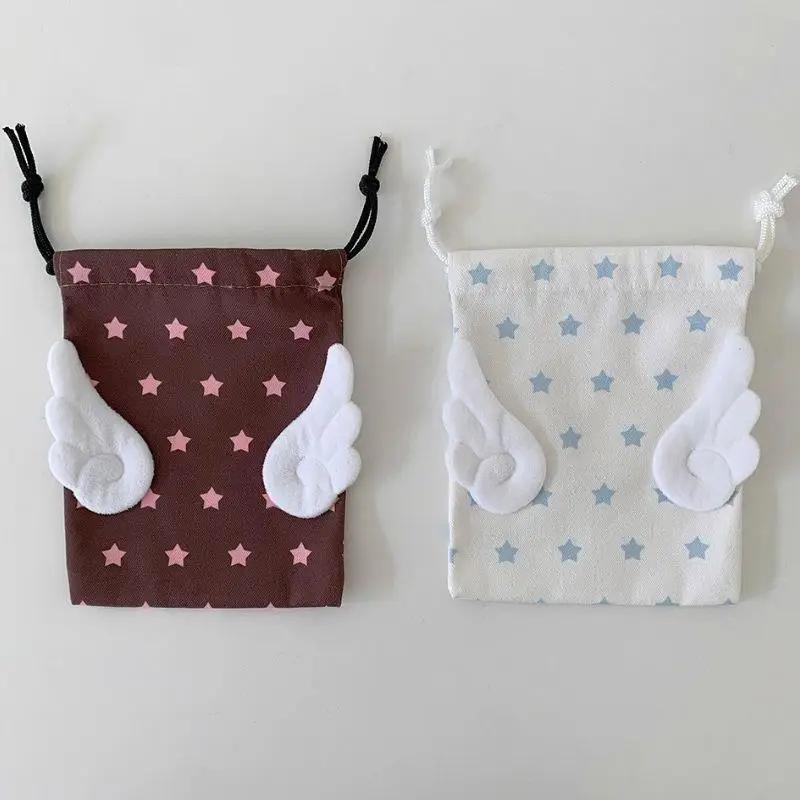 HOT Canvas Angel Wings Stars Makeup Bag INS Drawstring Storage Bag Portable Bundle Pocket Dustproof Storage Bag Organizer Bag