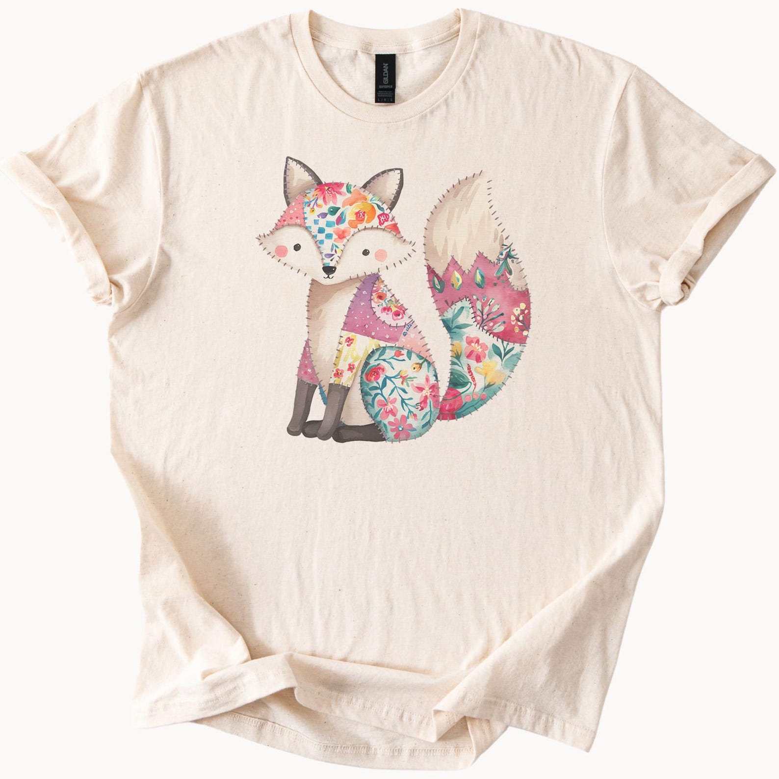 floral patchwork fox graphic t shirt pastel animal design cute woodland art tee gift for her him 140