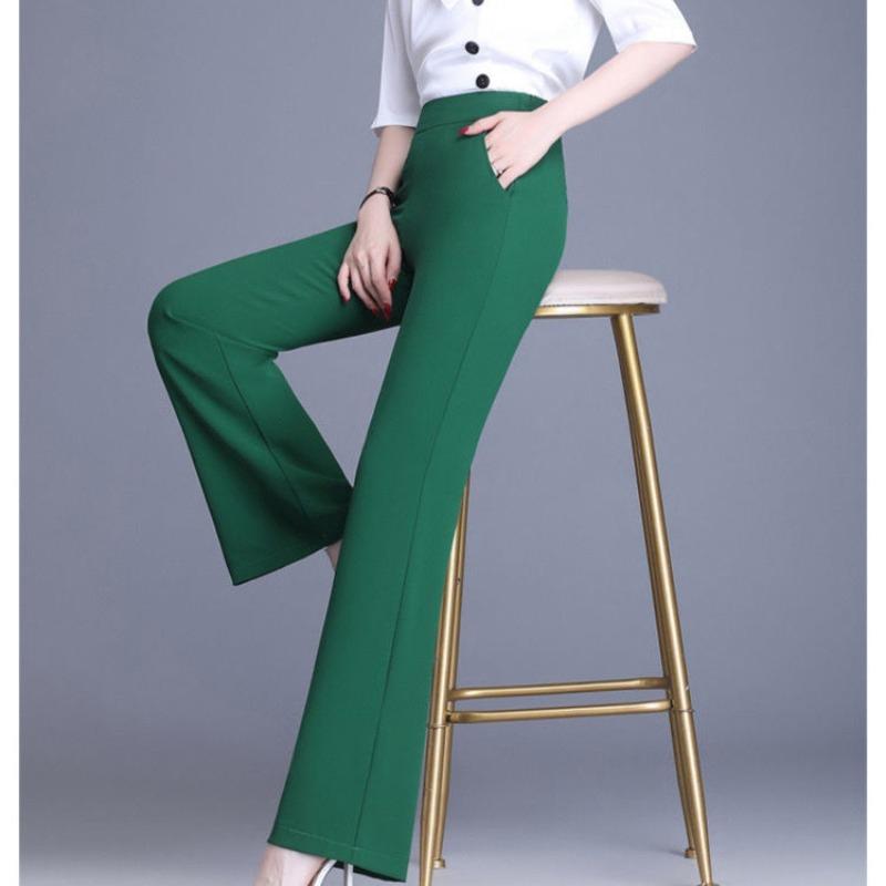 Simplicity Office Lady Summer Pants Women Solid Color Elastic Waist Pockets High Waist Fashion Slim Straight Casual Flare Pants