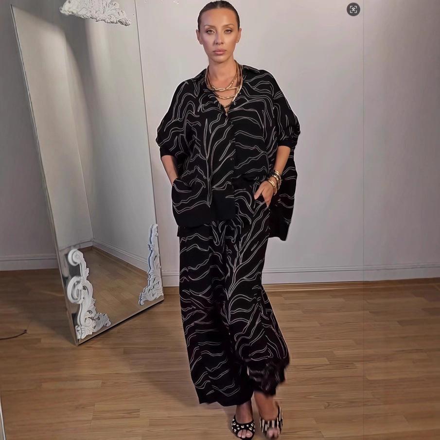 

Европейский и американский осенний комплект из двух предметов с принтом: Топ с длинным рукавом и брюки широкого кроя Medium чёрный