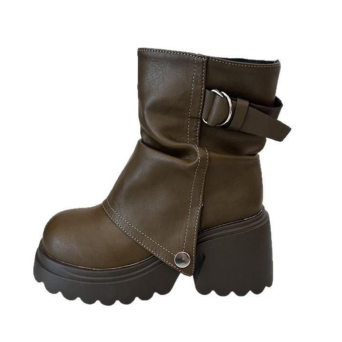 2025 New Pleated Round Head Thick-soled British Trouser Tube Boots Spring and Summer Thick Heel Fashion Boots Muffin Short Stacking Boots
