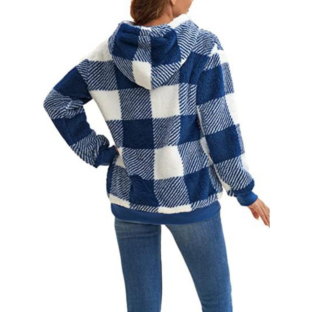 Plush Jacket Long Sleeved Hooded Plaid Plush, Women's Hoodie Jacket