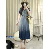 Plus-Size Women's Retro-Style V-Neck Single-Breasted Waist-Cinching Denim Dress 2026 Summer Slimming Long Dress