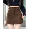 Plus-size Coffee Deer Suede High Waist A-line Mini Skirt for Women - Spring/Autumn, Anti-exposure, Slimming, Hip-hugging Fit