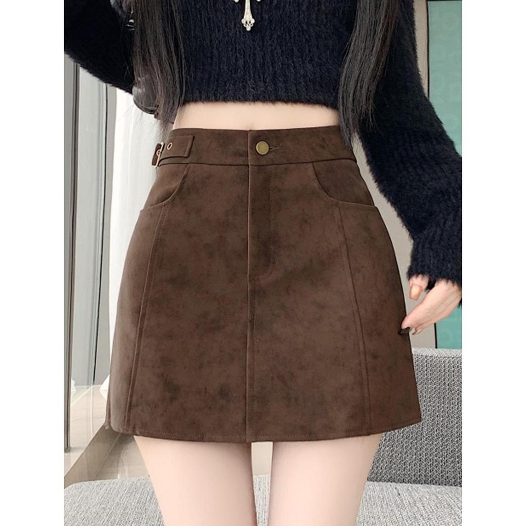Plus-size Coffee Deer Suede High Waist A-line Mini Skirt for Women - Spring/Autumn, Anti-exposure, Slimming, Hip-hugging Fit