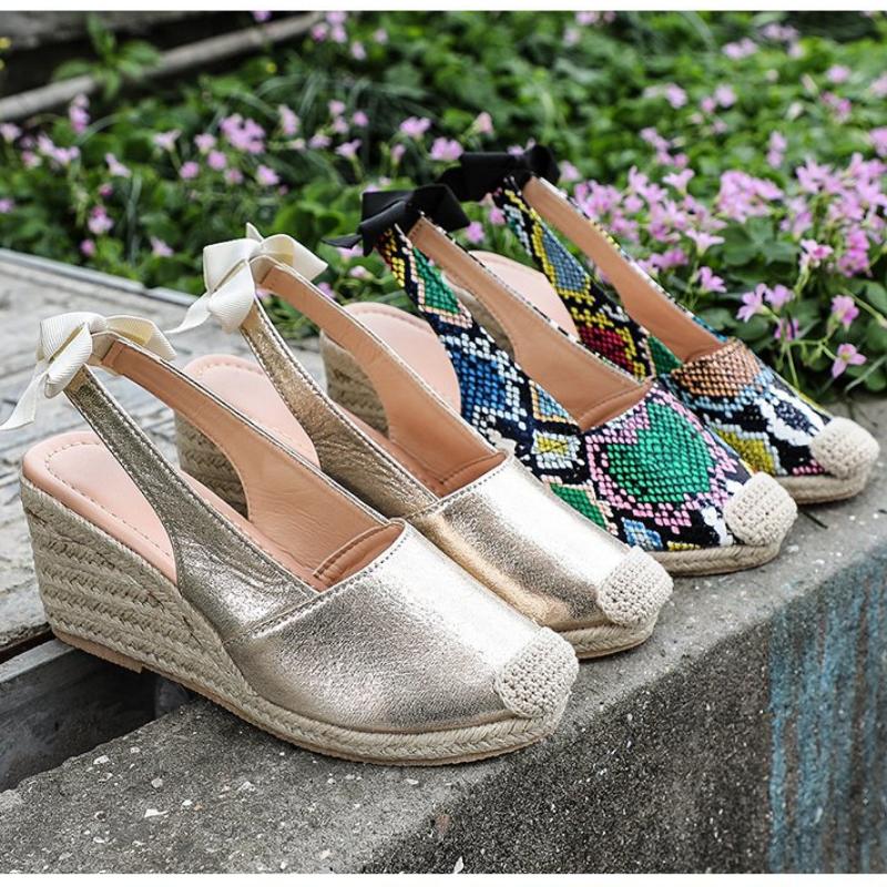 2025 Sandales Femme Chaussures Compensées Femme Nœud Papillon Slip On Serpents Talons Compensés Féminins Sandales Grande Taille chaussure femme WSH3930