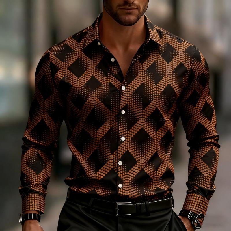 Men's Long-sleeved Geometric Print Shirt, Stylish Button-down Shirt, with Square and Striped Patterns for Everyday Wear.