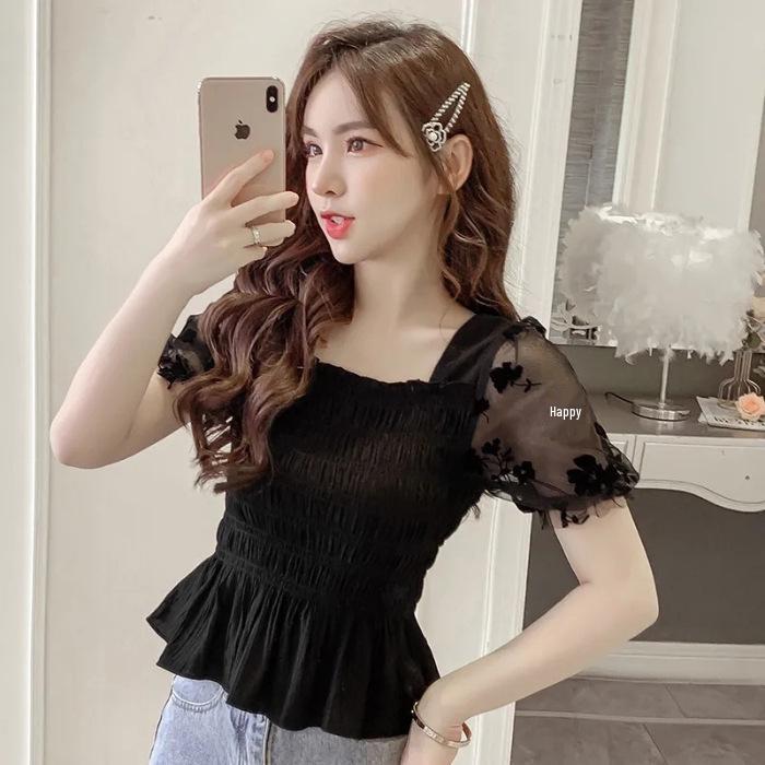 

Women s Summer Short-Sleeve Square Neck Mesh Top - Chic, Waist-Cinched, Slimming Cropped Shirt Small