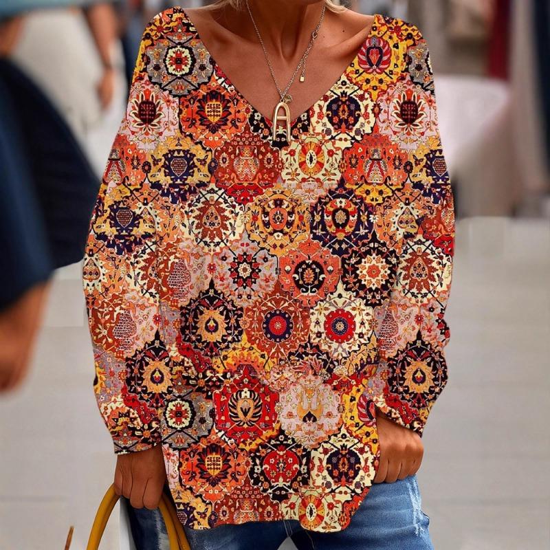 2025 Neuer Damen Patchwork Casual V-Ausschnitt Langarm Pullover Digital bedrucktes Oberteil