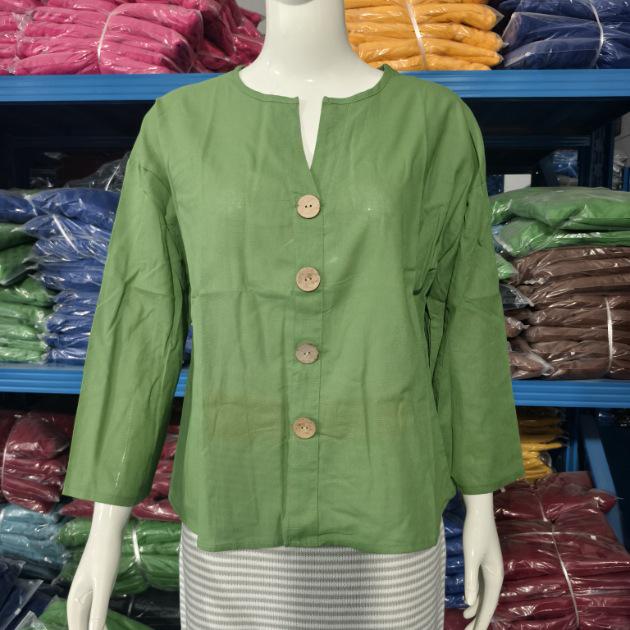 T-shirt Estiva da Donna 2025 Europea & Americana Scollo a V Larga Bottoni Cotone Lino