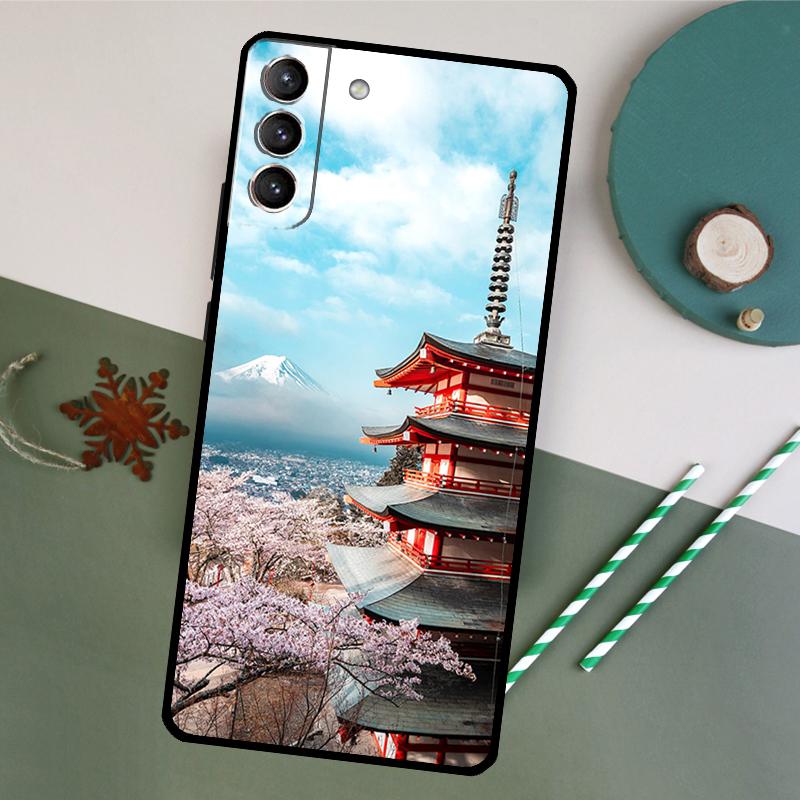 Japanese Art Temple Sakura Case For Samsung Galaxy S23 Ultra S8 S9 S10 S22 Plus Note 10 20 Ultra S20 FE S21 FE Cover