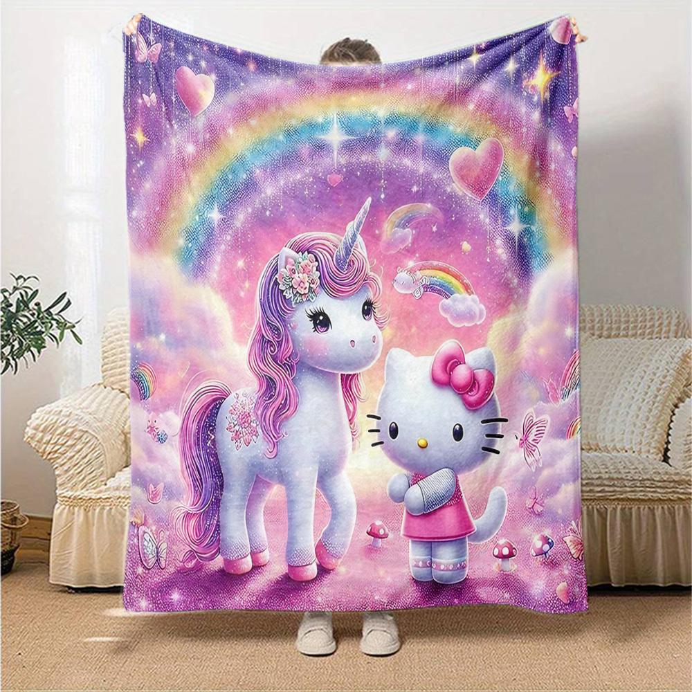 1pc Unicorn Hello Kitty Blanket Lightweight Flannel Throw for Sofa Bed Travel Camping Livingroom Office Couch Chair