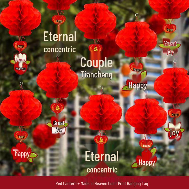 Red Honeycomb Paper Lantern Ornaments for Wedding and Courtyard Decoration