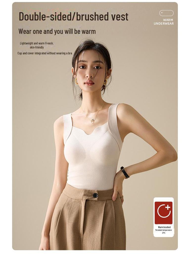 Women's V-Neck Heated Seamless Vest with Skin-Beautifying High-Elastic Warmth and Built-in Bra.