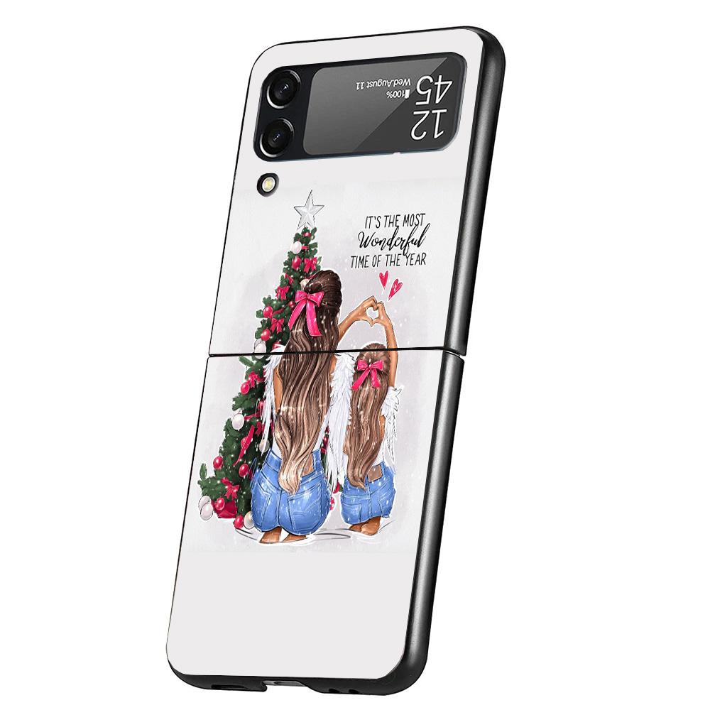 Christmas Girls Tree Gift Cover Phone Case For Samsung Galaxy Z Flip 7 6 5 4 3 5G Flip7 Flip6 Flip5 Flip4 Flip3 Black Fundas She