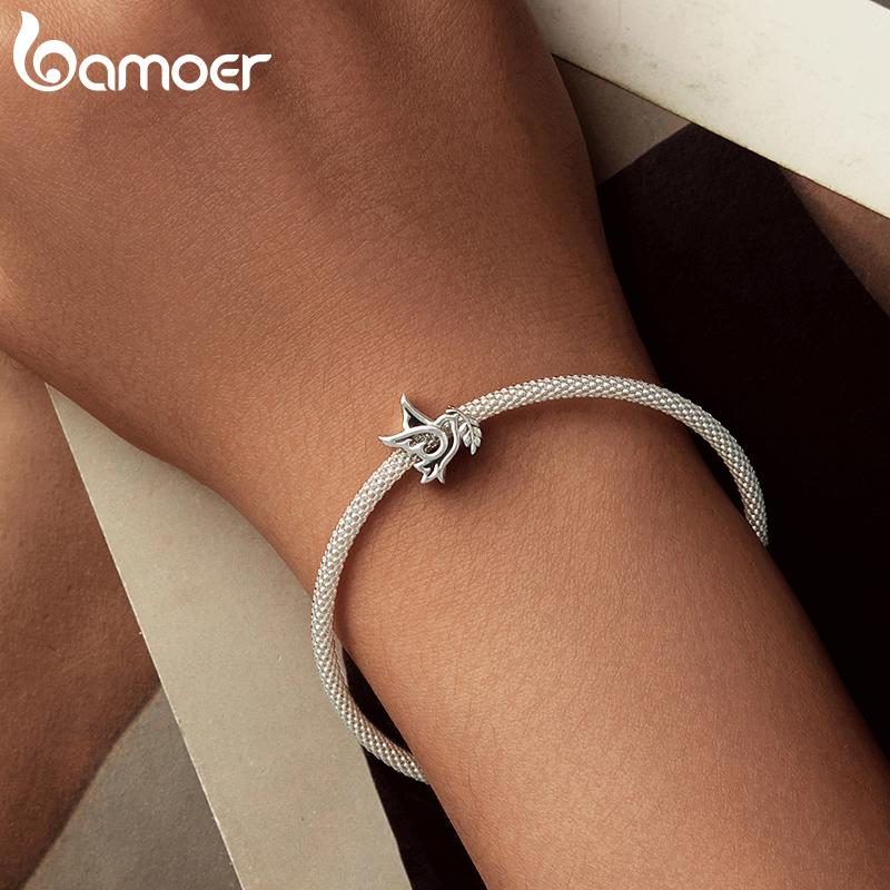 BAMOER 925 Sterling Silver Peace Charm Anti War Charm Peace & Love Silicone Safety Chain Fit Original Bracelet Necklace DIY Gift