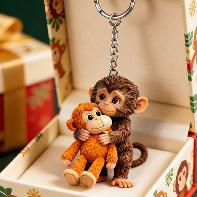 Protect Punch The Monkey Keychain, 3D Cute Monkey Holding Plush Toy Hanging Keychain for Backpack Purse Car Keys Gift