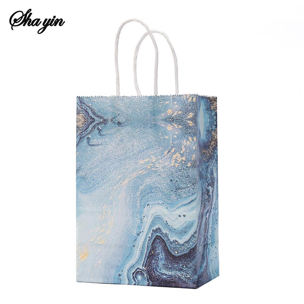 Marble Design Kraft Paper Gift Bag with Handle Birthday Party Packaging Bags Wedding Gifts for Guest Eid Supply Organizer