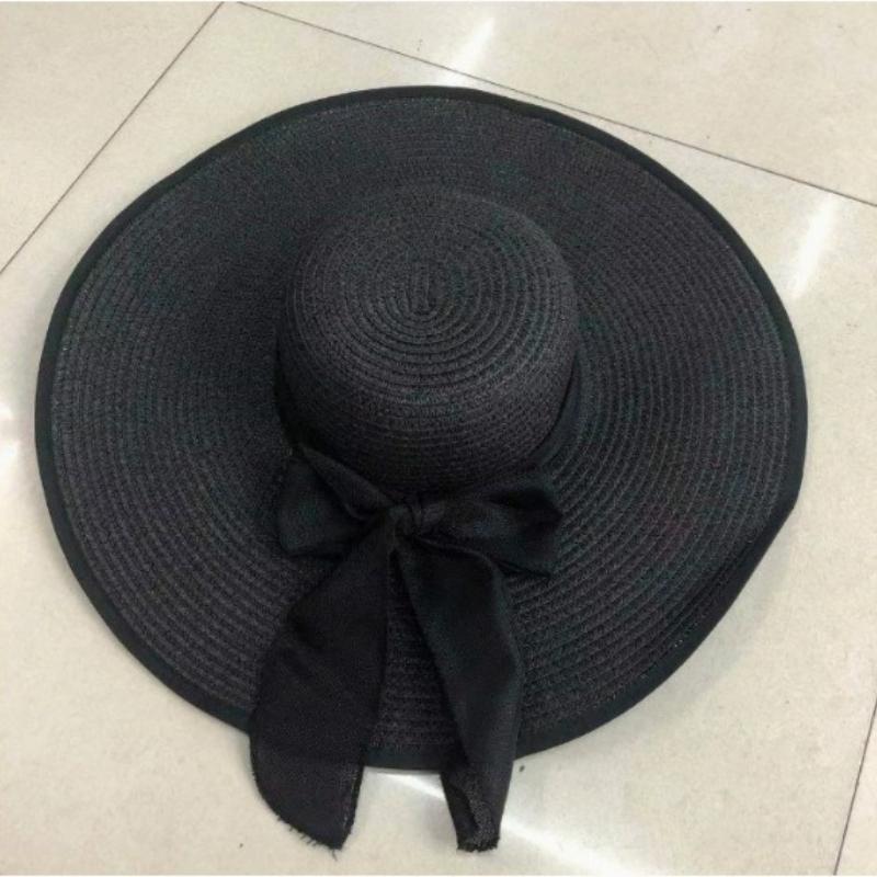 Cappello da Sole Estivo a Tesa Larga per la Spiaggia all'Aperto Moda Bordo Larga Pieghevole Cappello da Sole da Donna Colore Unito Decorazione Fiocco Cappello a Cilindro