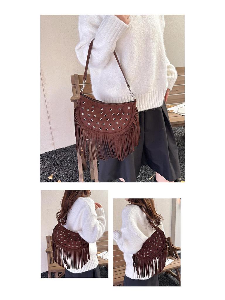 2025 Retro Suede Fringe Rivet Shoulder Bag for Women - Light Luxury Western Style
