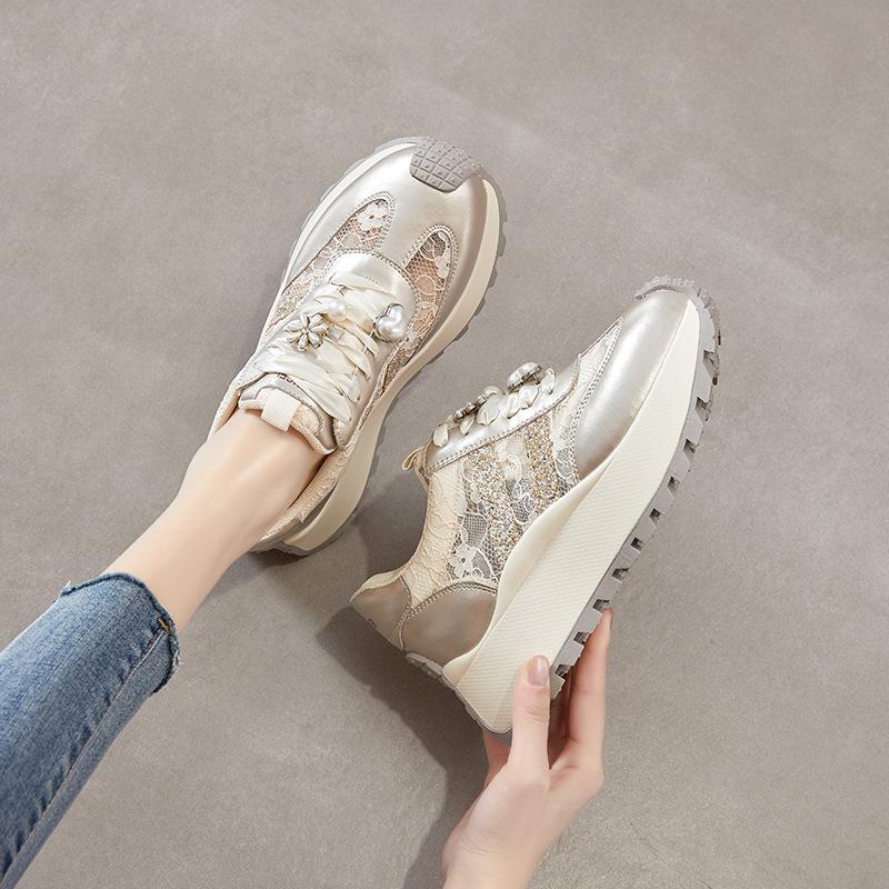 Platform Forrest Gump Shoes Women's 2025 New Leather Lace Through the Net Casual Shoes Versatile Height Increasing Sequins Sneakers