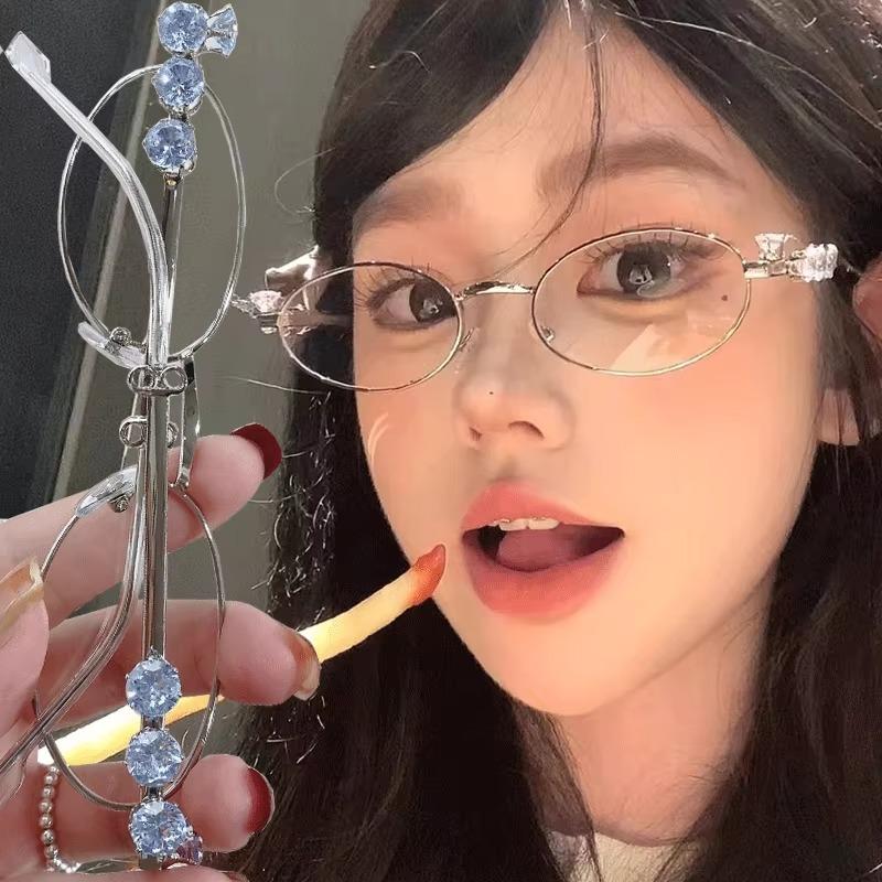 Oval Shades Rhinestone New Sunglasses Bling Eyeglasses Frames Clear Lens Small Round Women Men Metal Retro Diamond Frame Eyewear