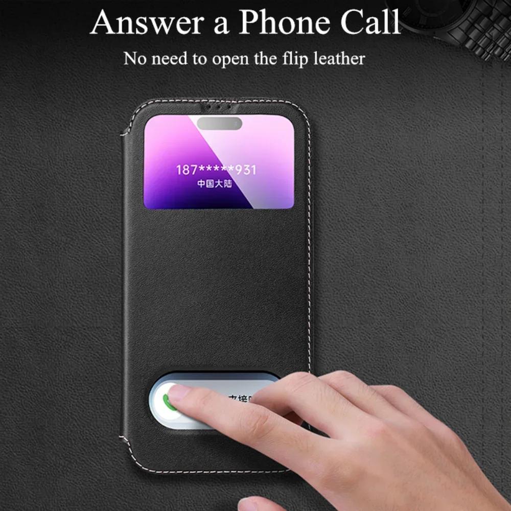 Genuine Leather Clear View Window Phone Case for IPhone 16 15 Plus 14 13 12 Pro Max Magnetic Flip Holder Cover