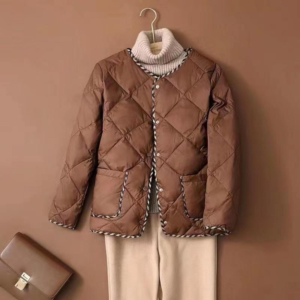 

Ретро женская хлопковая куртка с круглым вырезом, короткая осенне-зимняя ромбическая хлопковая куртка в цветовой блок XL кофейный