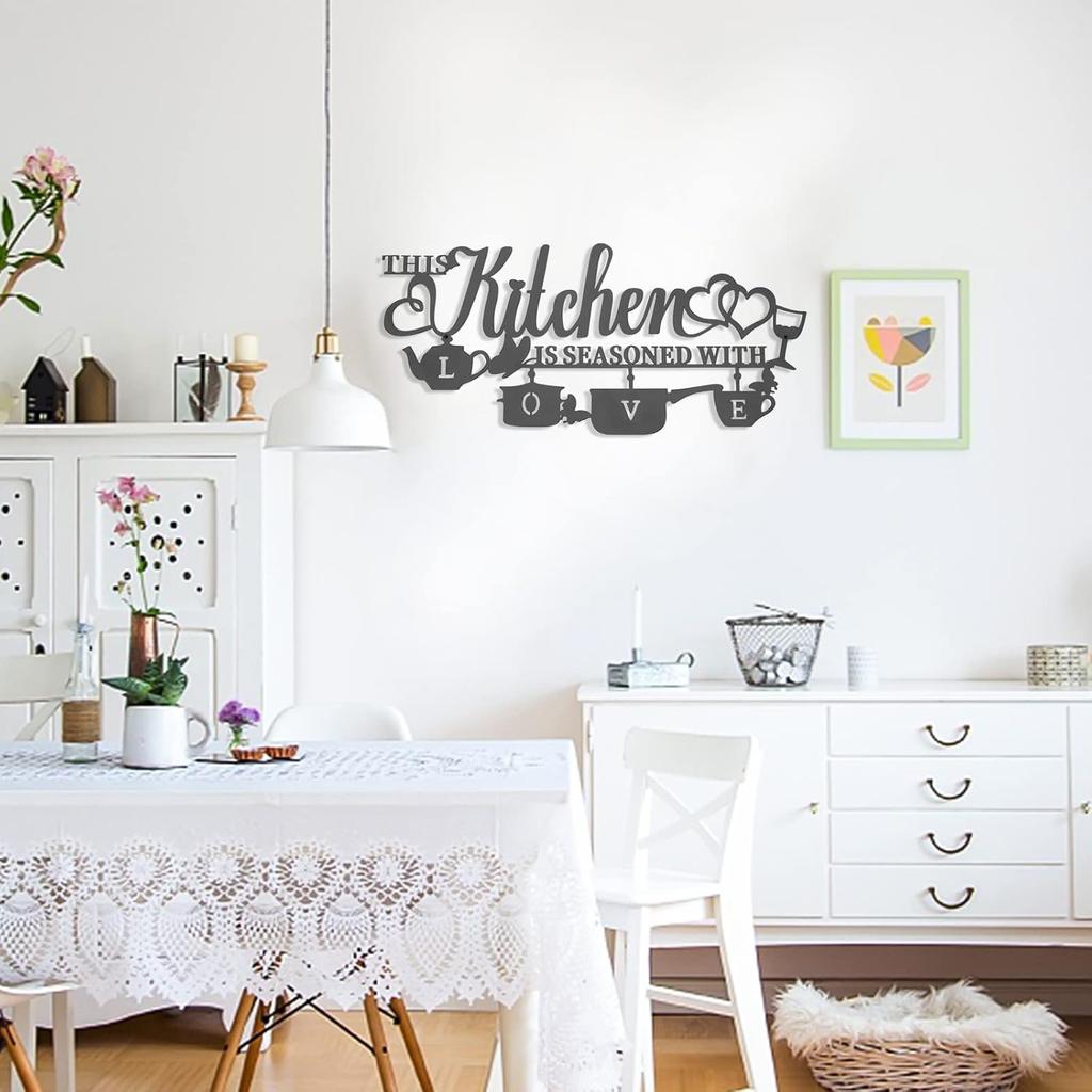 Metal Kitchen Wall Decor, This Kitchen is Seasoned with Love Black Word Name Sign Hanging Wall Art Decor, Rustic Iron Letters Quotes for Kitchen