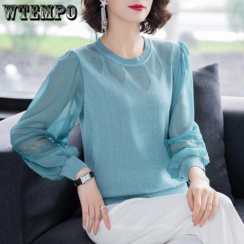 Round Neck Patchwork Yarn Sleeve Hollow Knit Sweater Top Long Sleeved Sweater Women's Base Sweater