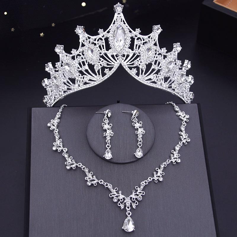 Luxury Diadem Wedding Crown Sets Rhinestone Crystal Tiaras Bride Headwear Crown Necklace Bridal Jewelry Sets Accessory