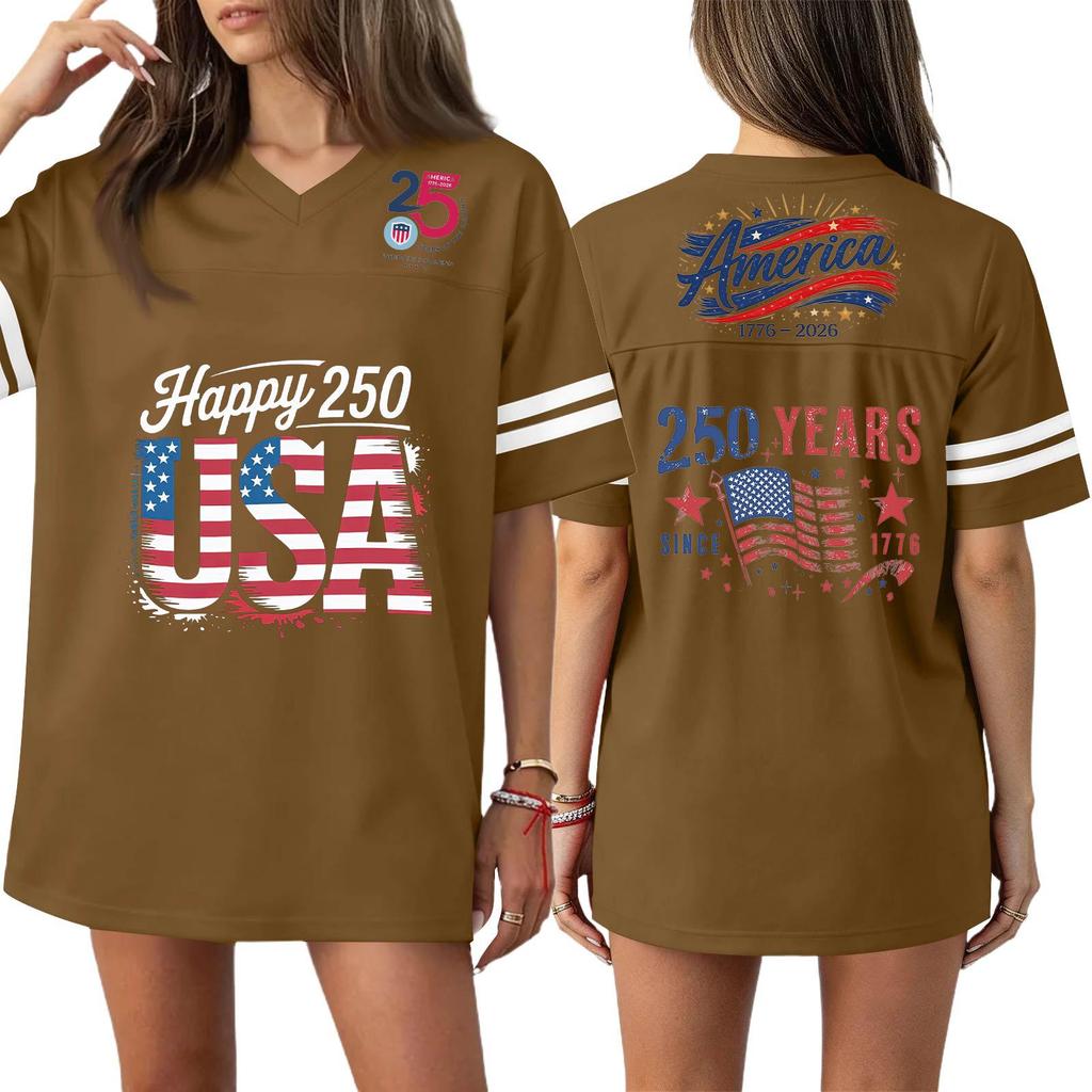 Damska Codzienna Modna Koszulka Sportowa z Dekoltem V z Nadrukiem na Dzień Niepodległości Krótkim Rękawem Top