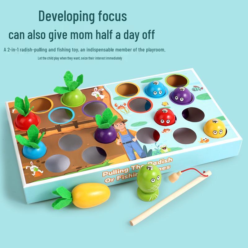 Montessori Wooden Fishing & Radish Game - Educational Sensory Toy for Early Childhood Development & Parent-Child Engagement