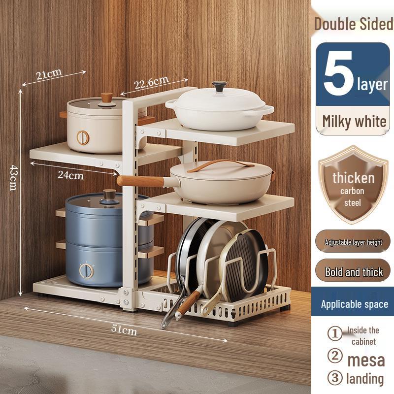 Estante de almacenamiento de ollas y utensilios de cocina de múltiples capas para cocina, organizador de encimera bajo el fregadero, diseño de doble cara