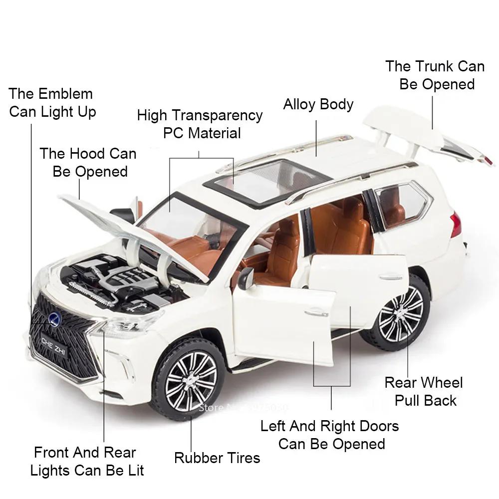 1:24 LM300H LX570 Car Model Toy Alloy Diecast Sound Light Pull Back Door Opened Miniature Models Birthday Gifts for Kids