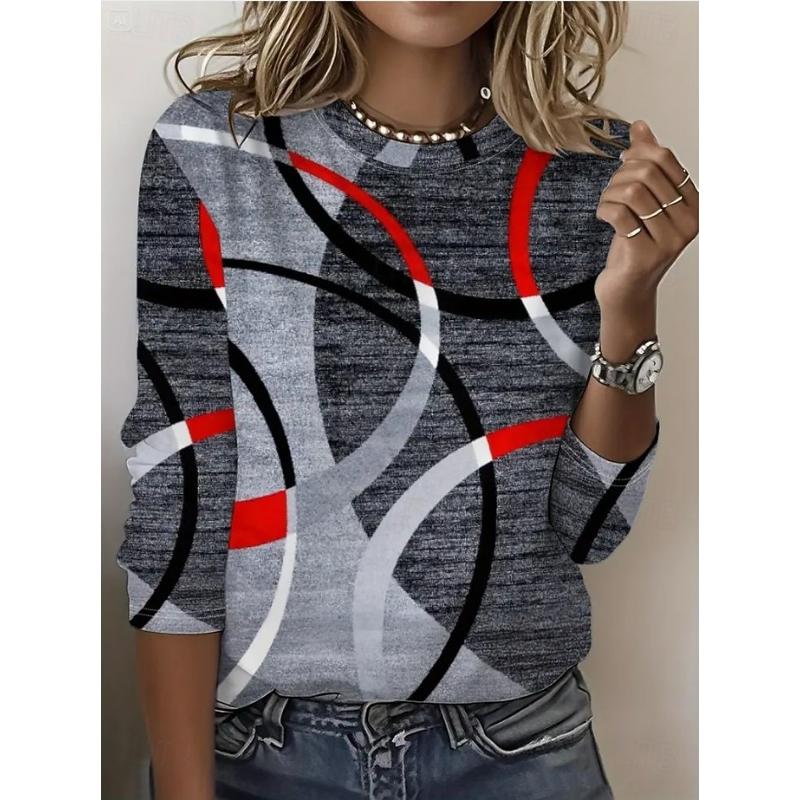 

Женская футболка с длинным рукавом, круглым вырезом, туника с длинным рукавом, современная повседневная, с геометрическим принтом, обычные топы M
