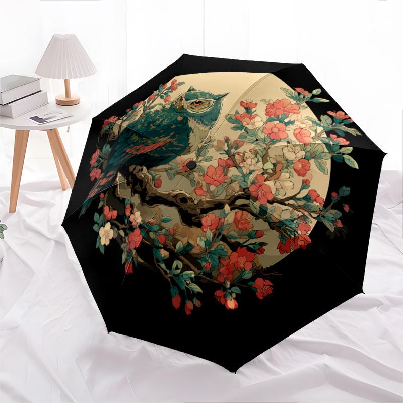 Branch Bird Pattern, Automatic Folding Umbrella, Portable and Foldable Design, 8 Ribs, a Christmas or Birthday Gift.