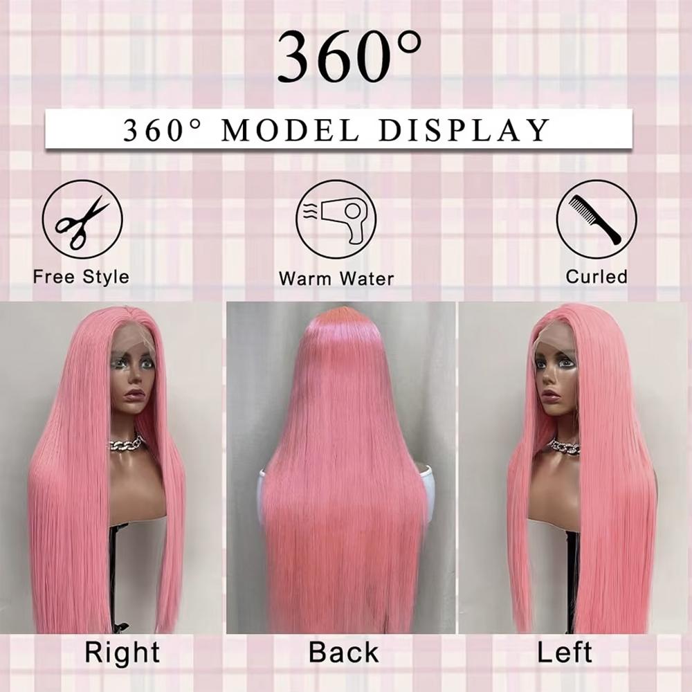 Peruci cu Plasă Frontală Roz Pal 13X4 Pentru Femei Fibră Rezistentă la Căldură Păr Sintetic Lung Drept Peruci pentru Utilizare Zilnică Petrecere Cosplay