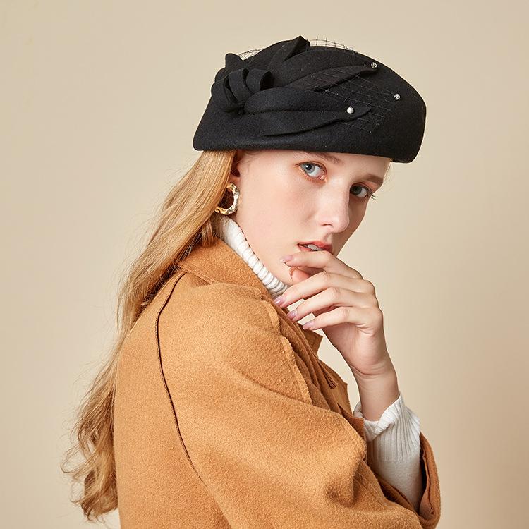 Autumn And Winter British Retro Flower Woolen Top Hat Women'S Elegant Temperament Stewardess Hat Korean Version Versatile Beret