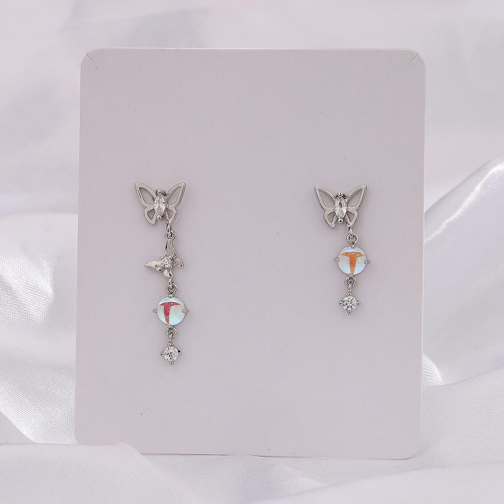 Гу Маонин, Серьги с асимметричным дизайном в стиле лайт-люкс, Нишевые серьги с бахромой из цирконов, Серьги с лунным камнем и бабочками, Длинные.