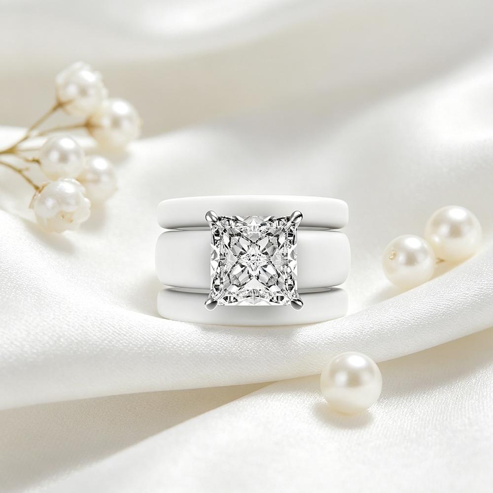 Prinzessschliff Zirkonia Ring mit 3-lagigem weißen Keramikband, Moderner klobiger kupferbeschichteter Statement Ring, Brautversprechen Schmuck