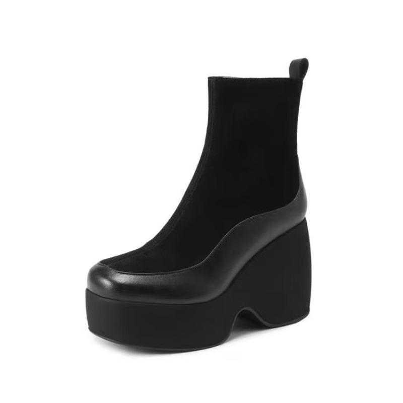 Fashion Winter New Thick Heel Cotton Boots Women Fashion Round Head Stitching Suede Side Zipper Thick Sole Non-slip Short Boots