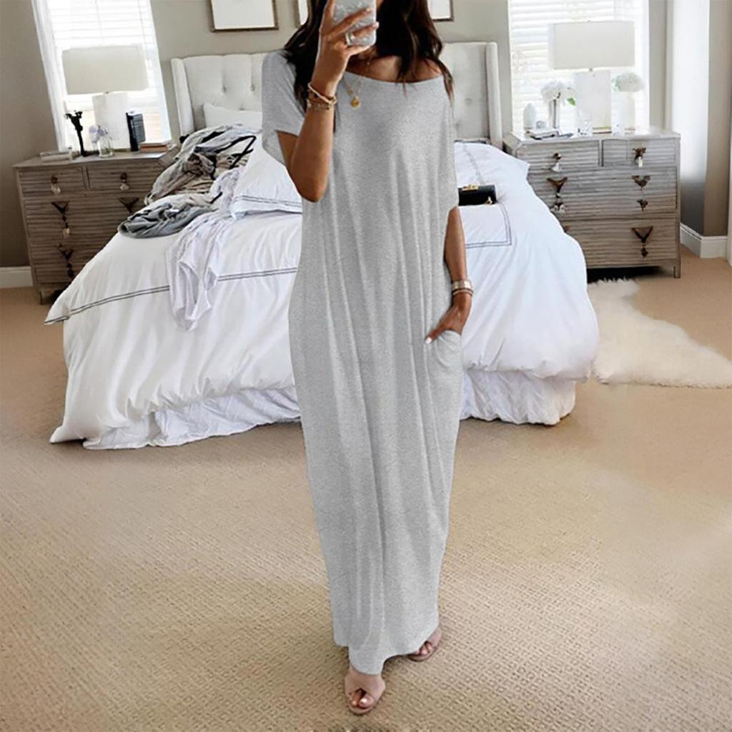 Women's Fashion Color Short-Sleeved Long Casual Dress