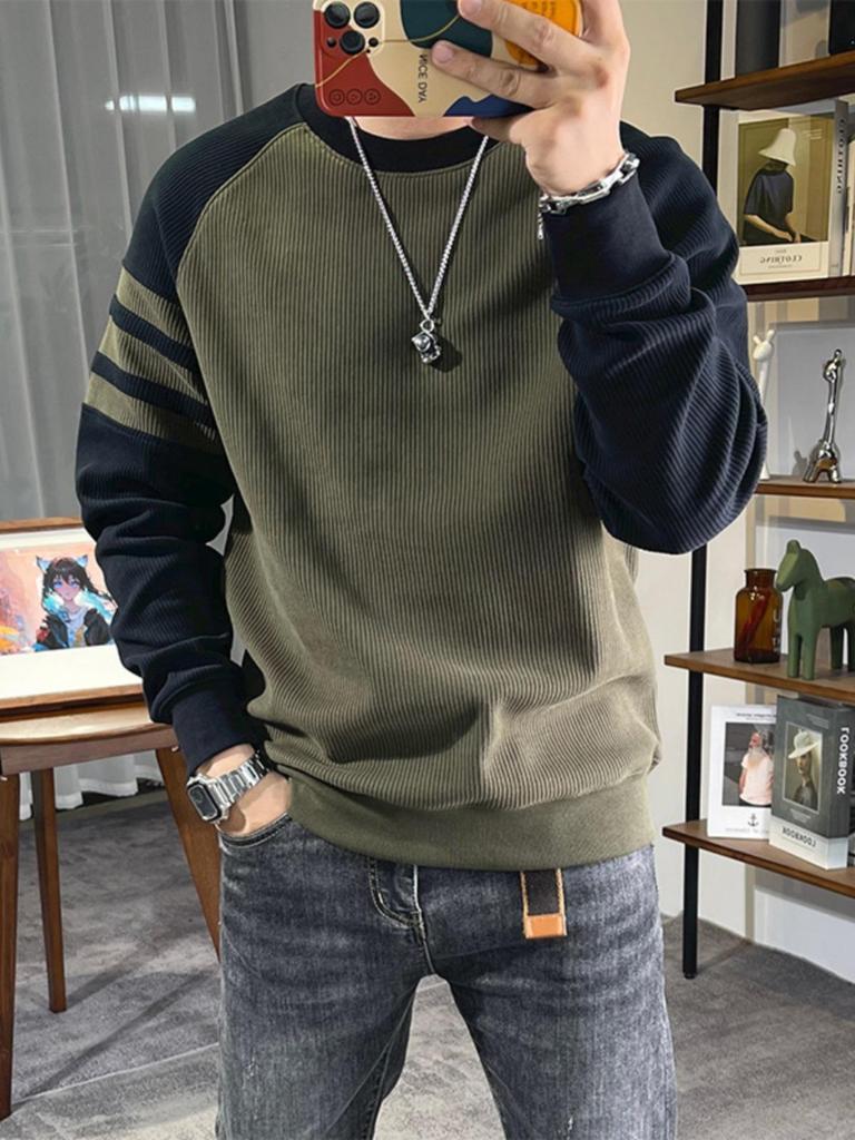Contrast Color Round Neck Pullover Bottoming Shirt American Retro Splicing Shoulder Long Sleeve Sweater Men's Autumn Wear