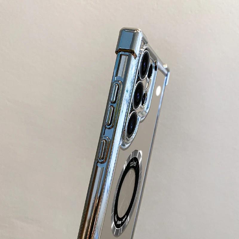 Luxury Plating Magnetic Wireless Charge Case For Samsung S25 S24 Ultra S23 FE S22 Plus Clear Shockproof Camera Protection Cover