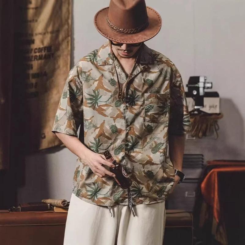 Men Loose Plus Size Short Sleeve Floral Cuban Collar Retro Casual Summer Shirt
