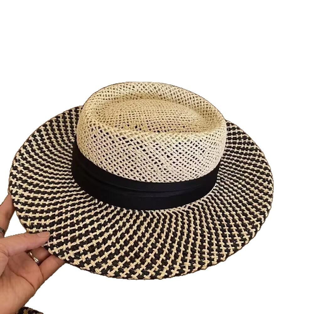 Summer Hollow French Hepburn Style Panama Straw Hat Women's Contrasting Sun Hat Outdoor Travel Vacation Sun Protection Hat