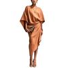 Women's French loose bat sleeves, linen skirt, pleated irregular wrap mid-length dress